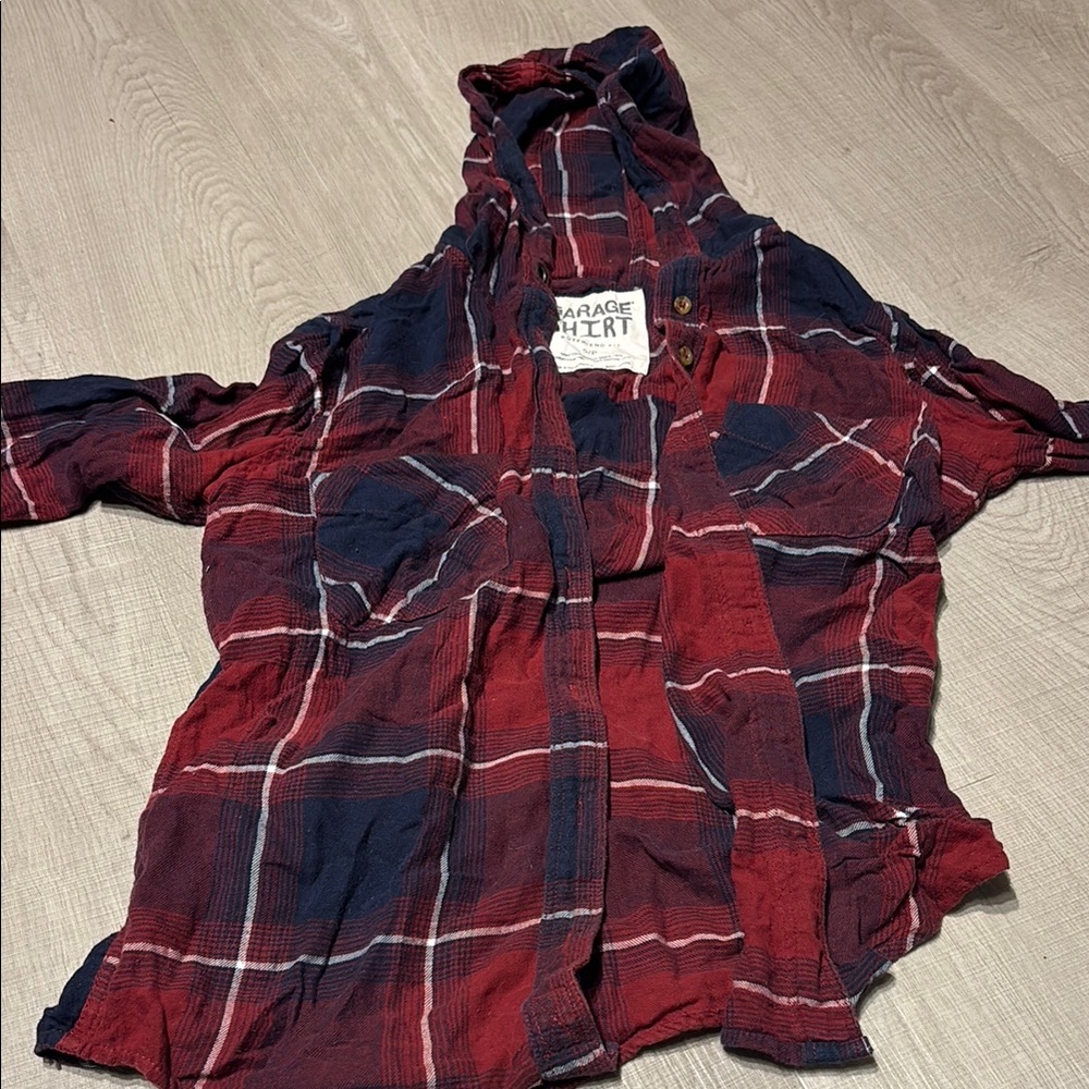 Garage Red and Blue Plaid Hooded Shirt
